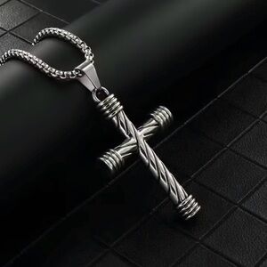 Titanium Steel Twisted Cross Pendant Necklace - Silver